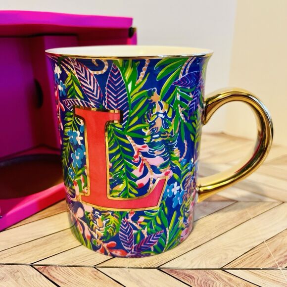 Lilly Pulitzer Initial "L" Ceramic Coffee Mug 14oz Gold Handle New In Box #2229L - Picture 3 of 10